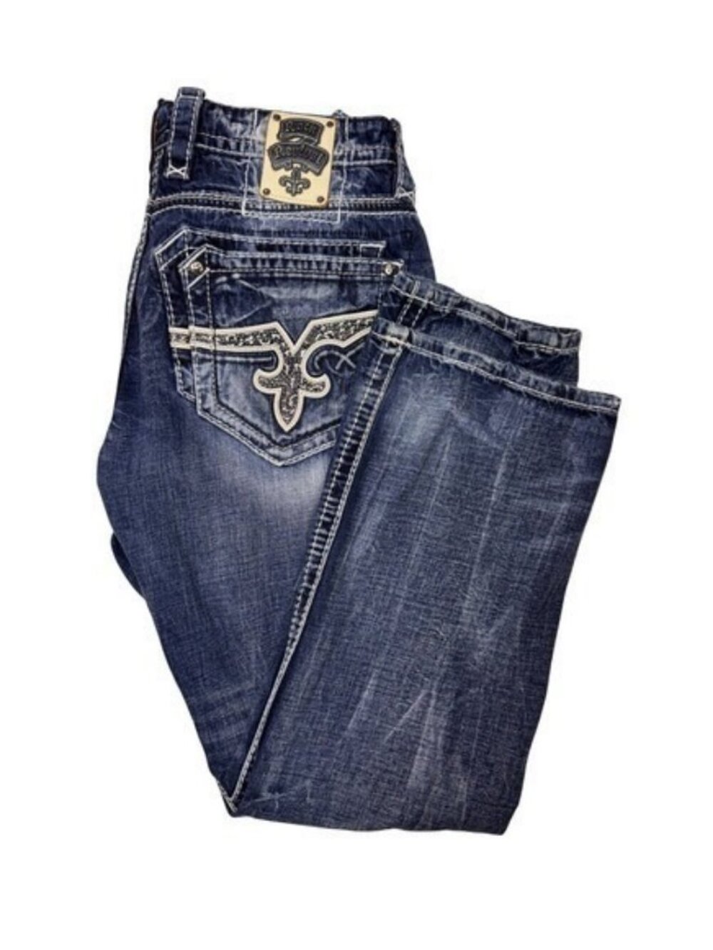 Rock Revival Mabee Boot Cut Jeans Mens 36X31 Medium Wash Fleur De Lis Denim